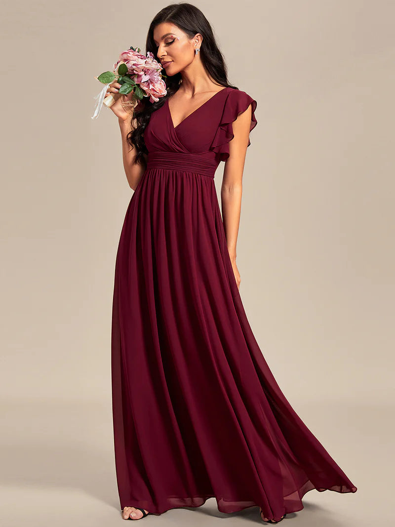 Burgundy Elegant V-neck bridesmaid dress with pleats, ruffle details, and a waist belt