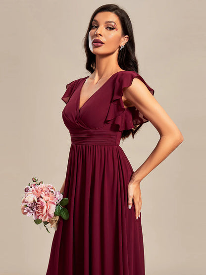 Burgundy Elegant V-neck bridesmaid dress with pleats, ruffle details, and a waist belt