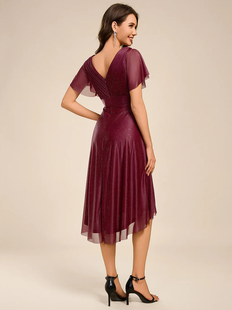 Elegant burgundy wedding guest dress with feminine ruffle sleeves
