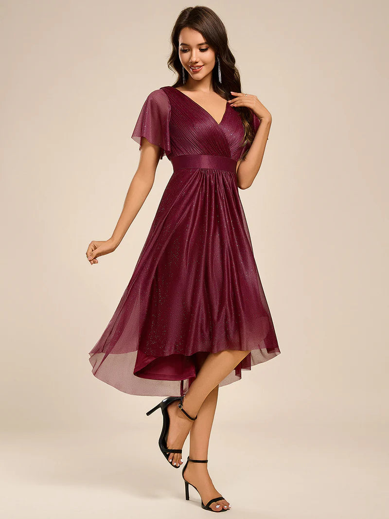 Elegant burgundy wedding guest dress with feminine ruffle sleeves