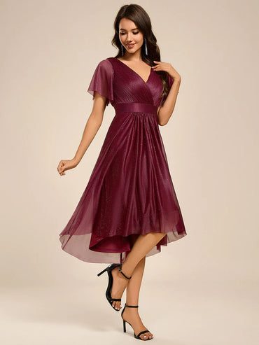 Elegant burgundy wedding guest dress with feminine ruffle sleeves