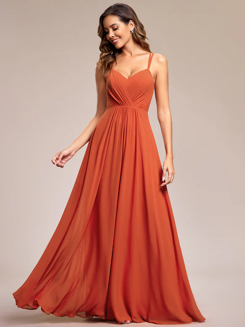 Burnt orange Elegant chiffon bridesmaid dress with lace V-back and lightweight design