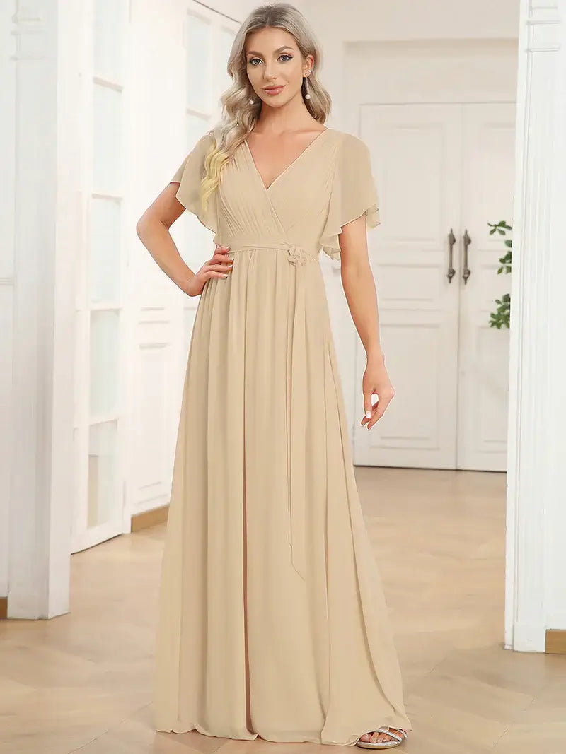 Charcoal Elegant A-line bridesmaid dress with deep V-neckline and soft ruffle sleeves