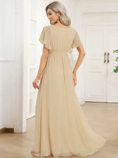 Charcoal elegant A-line bridesmaid dress with deep V-neckline and soft ruffle sleeves