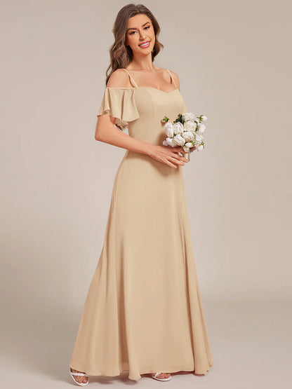 Charcoal chiffon bridesmaid dress with high side slit and delicate spaghetti straps