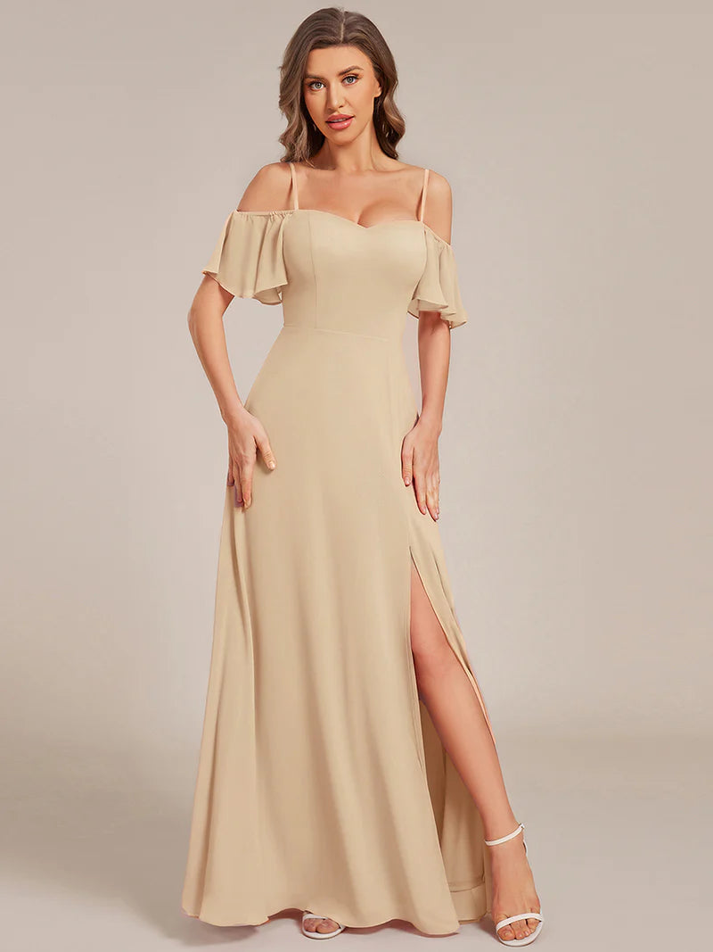 Charcoal chiffon bridesmaid dress with high side slit and delicate spaghetti straps