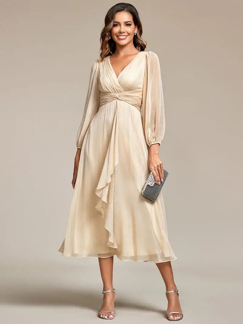 Charcoal elegant shiny chiffon wedding guest dress with long sleeves and flowing silhouette