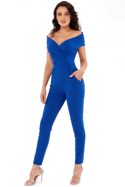 Cobalt Bardot crossover jumpsuit, bold off-shoulder elegance for every occasion