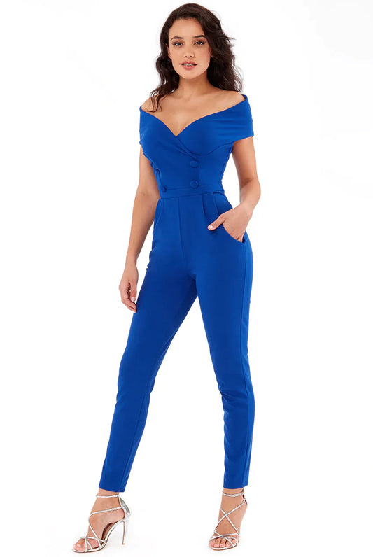 Cobalt Bardot crossover jumpsuit, bold off-shoulder elegance for every occasion