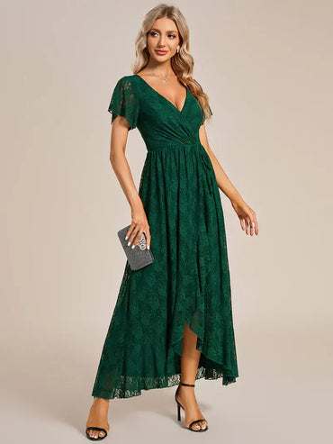 Dark green Deep V-Neck A-Line Evening Dress – Sheer Short Sleeves & Elegant Flow
