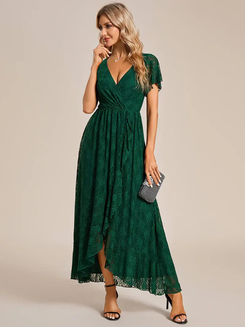 Dark green Deep V-Neck A-Line Evening Dress – Sheer Short Sleeves & Elegant Flow