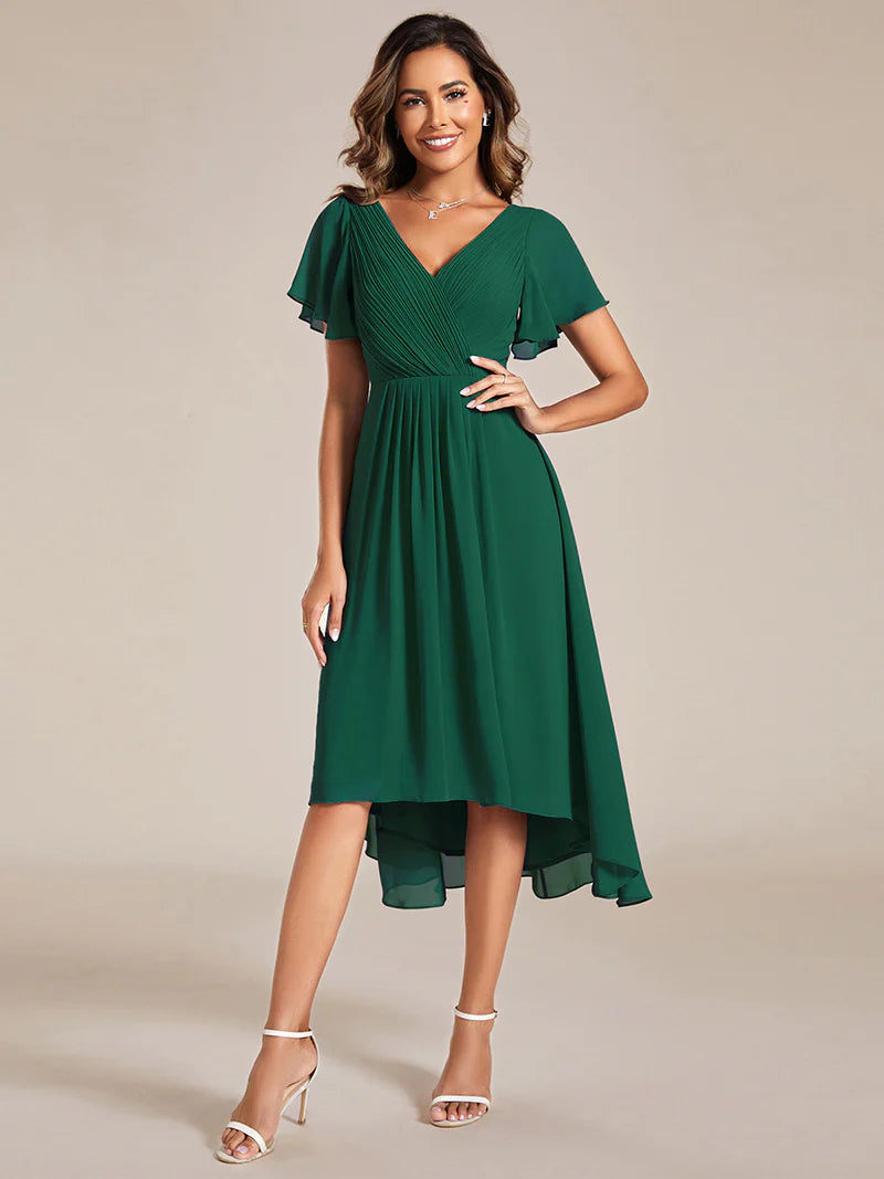 Dark green elegant chiffon wedding guest dress with pleated bodice and ruffle detailing