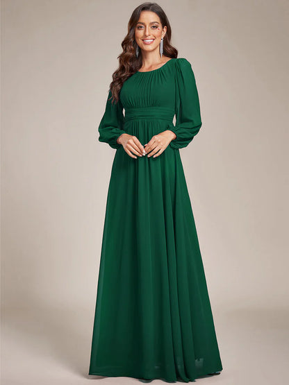 Dark green bridesmaid dress with round neckline and long lantern sleeves