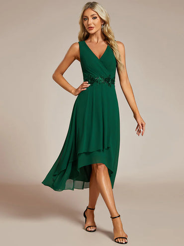 Black Tea-length chiffon wedding guest dress with V-neckline and delicate appliqués