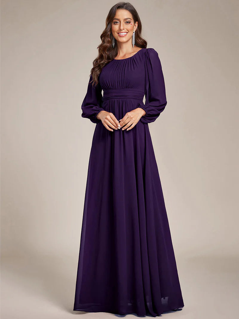 Dark purple bridesmaid dress with round neckline and long lantern sleeves