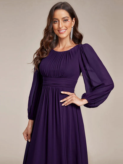 Dark purple bridesmaid dress with round neckline and long lantern sleeves