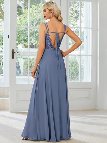 Dusty blue Elegant chiffon bridesmaid dress with lace V-back and lightweight design