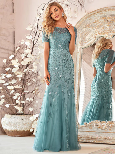 Dusty blue women’s floral sequin fishtail party dress with tulle skirt and elegant mermaid silhouette