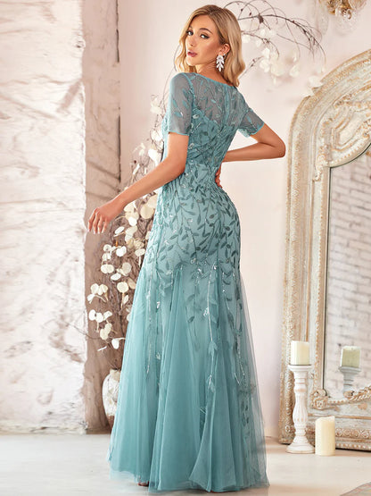 Dusty blue women’s floral sequin fishtail party dress with tulle skirt and elegant mermaid silhouette