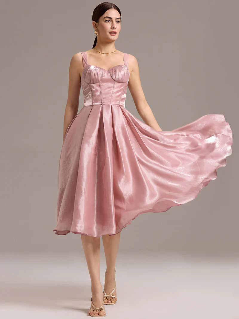 Dusty rose A-line midi dress with sleeveless cut and sweetheart neckline