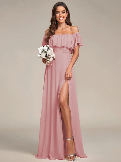 Off-the-Shoulder Bridesmaid Dress – Ruffled with Thigh Split