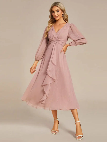Dusty rose elegant shiny chiffon wedding guest dress with long sleeves and flowing silhouette