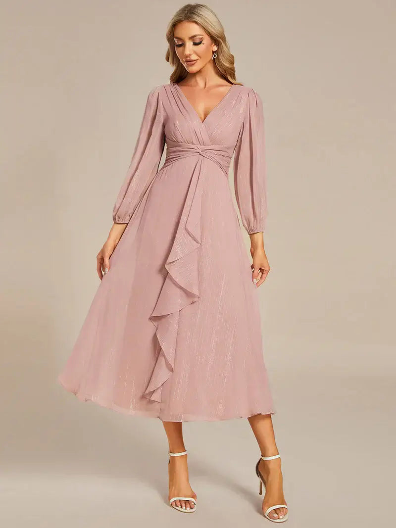 Dusty rose elegant shiny chiffon wedding guest dress with long sleeves and flowing silhouette