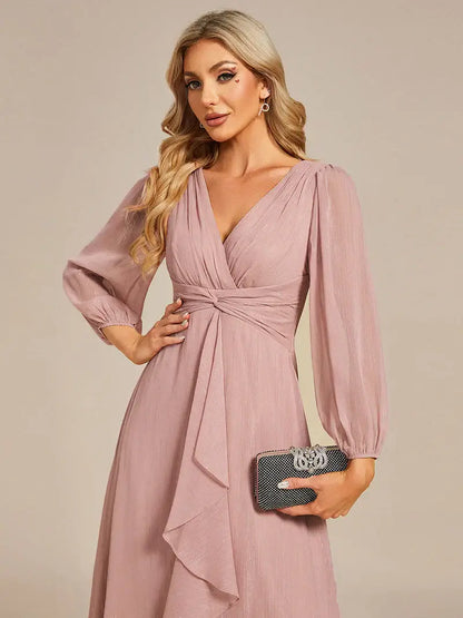 Dusty rose elegant shiny chiffon wedding guest dress with long sleeves and flowing silhouette