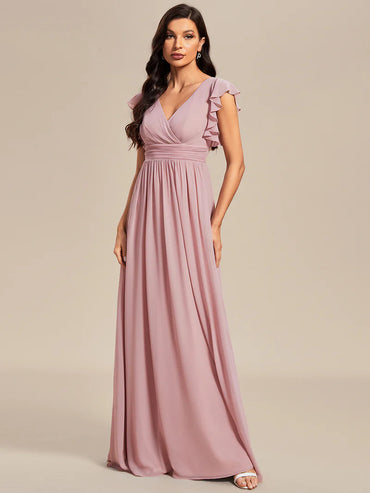Dusty rose Elegant V-neck bridesmaid dress with pleats, ruffle details, and a waist belt