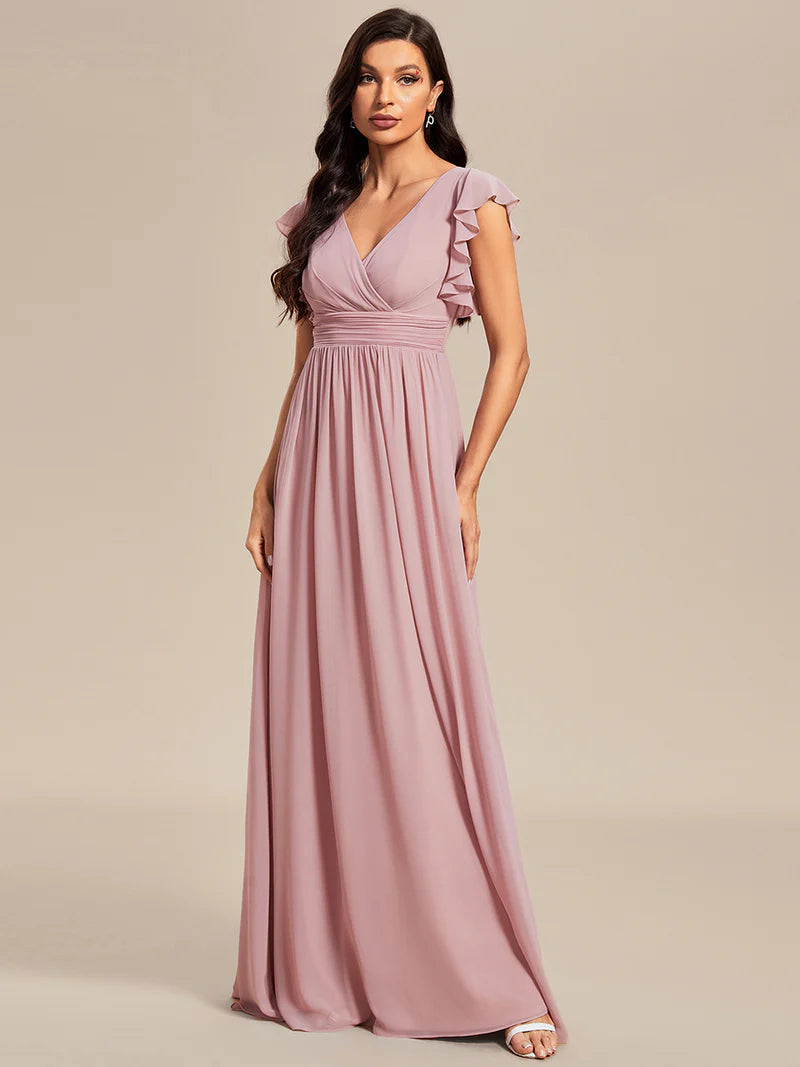 Dusty rose Elegant V-neck bridesmaid dress with pleats, ruffle details, and a waist belt