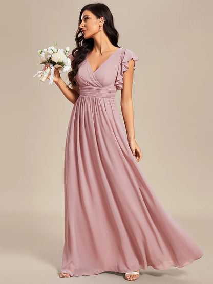 Dusty Rose Elegant V-neck bridesmaid dress with pleats, ruffle details, and a waist belt