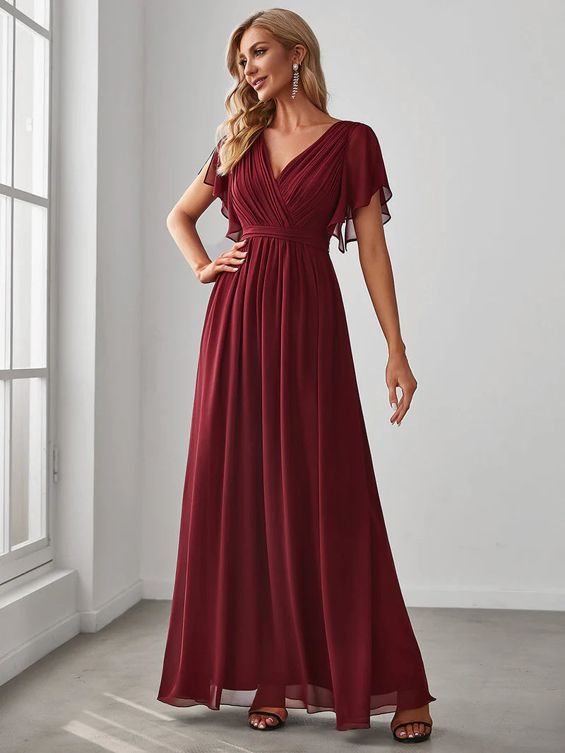 Elegant A-line bridesmaid burgundy dress with deep V-neckline and fluttery ruffle sleeves