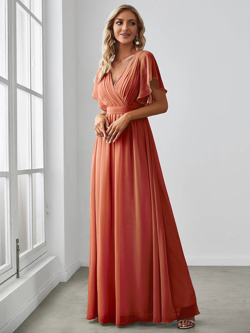 Elegant A-line bridesmaid burnt orange  dress with deep V-neckline and fluttery ruffle sleeves