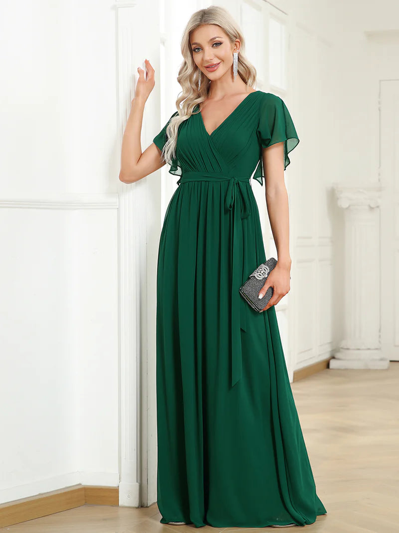 Elegant A-line bridesmaid dark green dress with deep V-neckline and fluttery ruffle sleeves