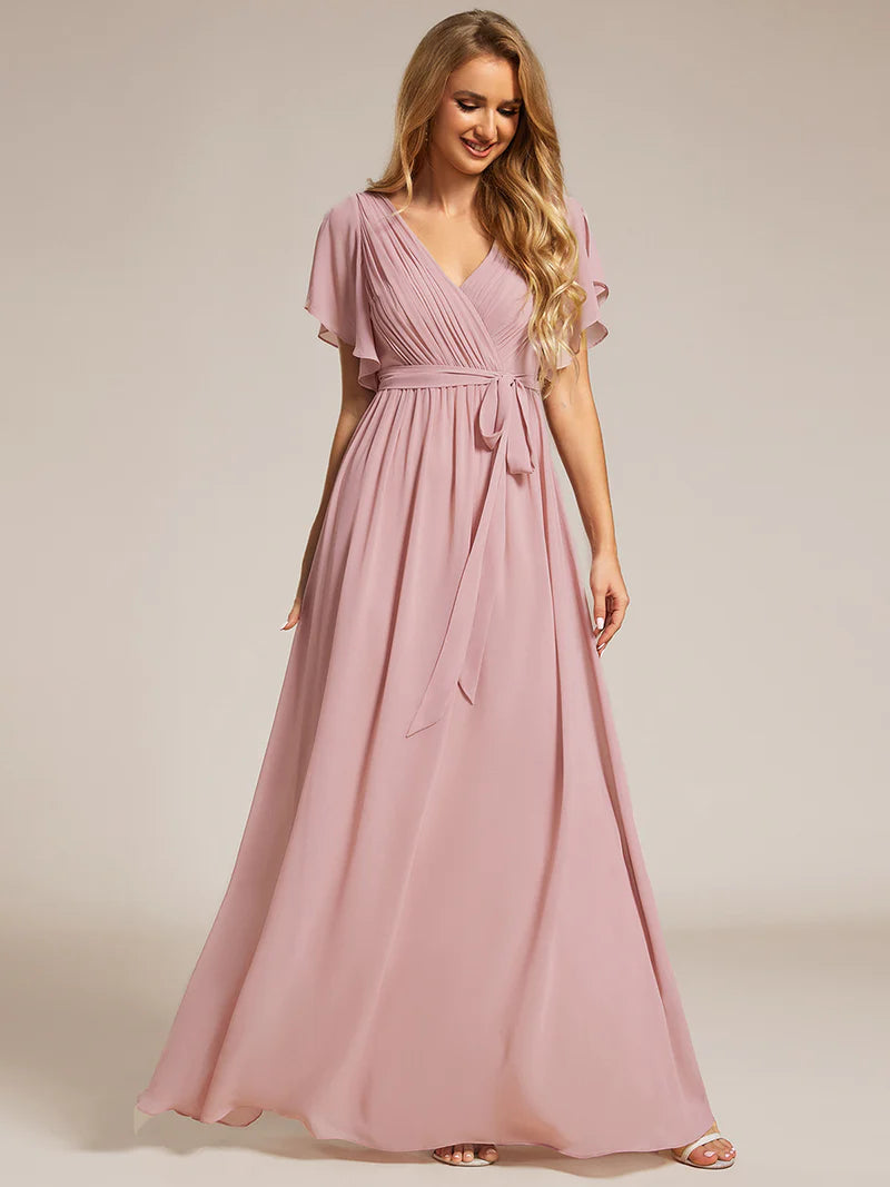 Elegant A-line bridesmaid dusty rose dress with deep V-neckline and fluttery ruffle sleeves