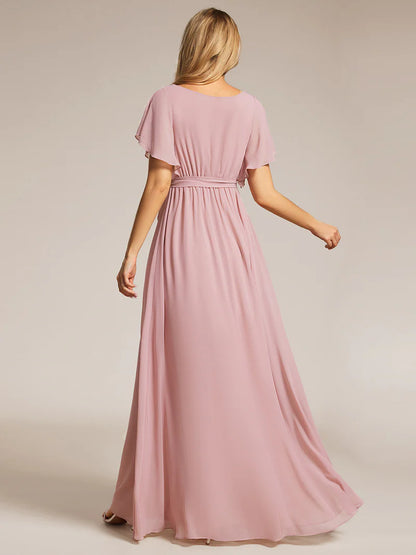 Elegant A-line bridesmaid dusty rose dress with deep V-neckline and fluttery ruffle sleeves