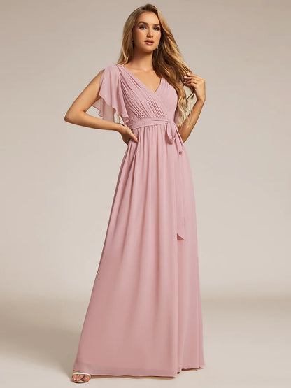 Elegant A-line bridesmaid dusty rose dress with deep V-neckline and fluttery ruffle sleeves