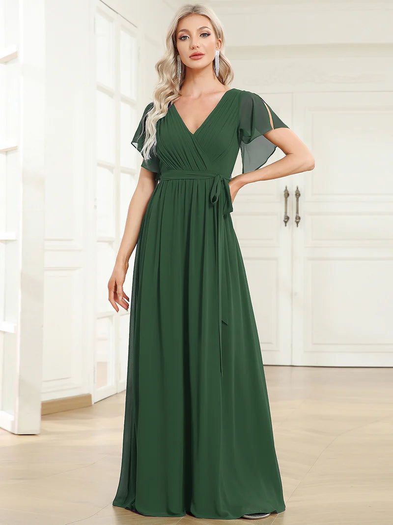 Elegant A-line bridesmaid eucalyptus dress with deep V-neckline and fluttery ruffle sleeves