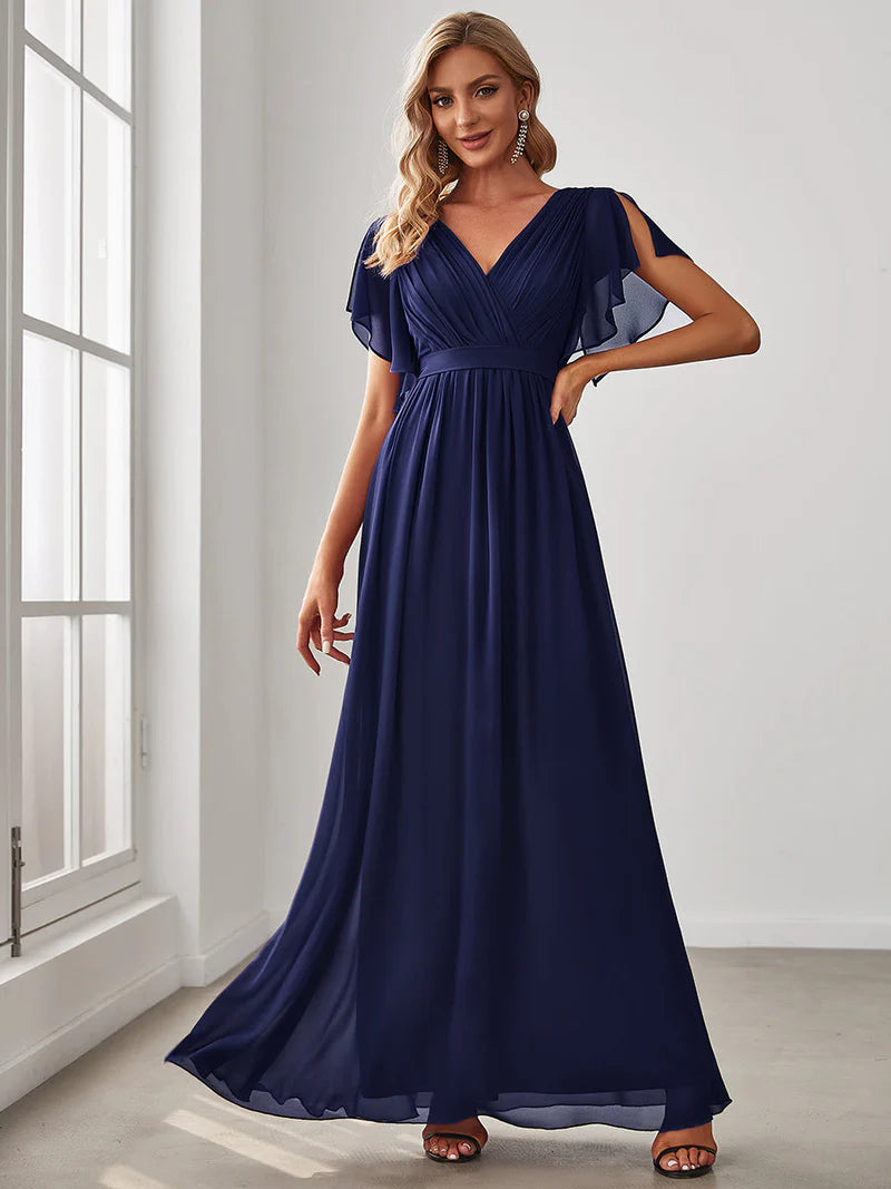Elegant A-line bridesmaid navy blue dress with deep V-neckline and fluttery ruffle sleeves