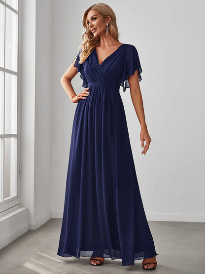 Elegant A-line bridesmaid navy blue dress with deep V-neckline and fluttery ruffle sleeves