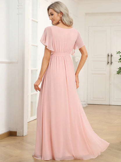 Elegant A-line bridesmaid pink dress with deep V-neckline and fluttery ruffle sleeves