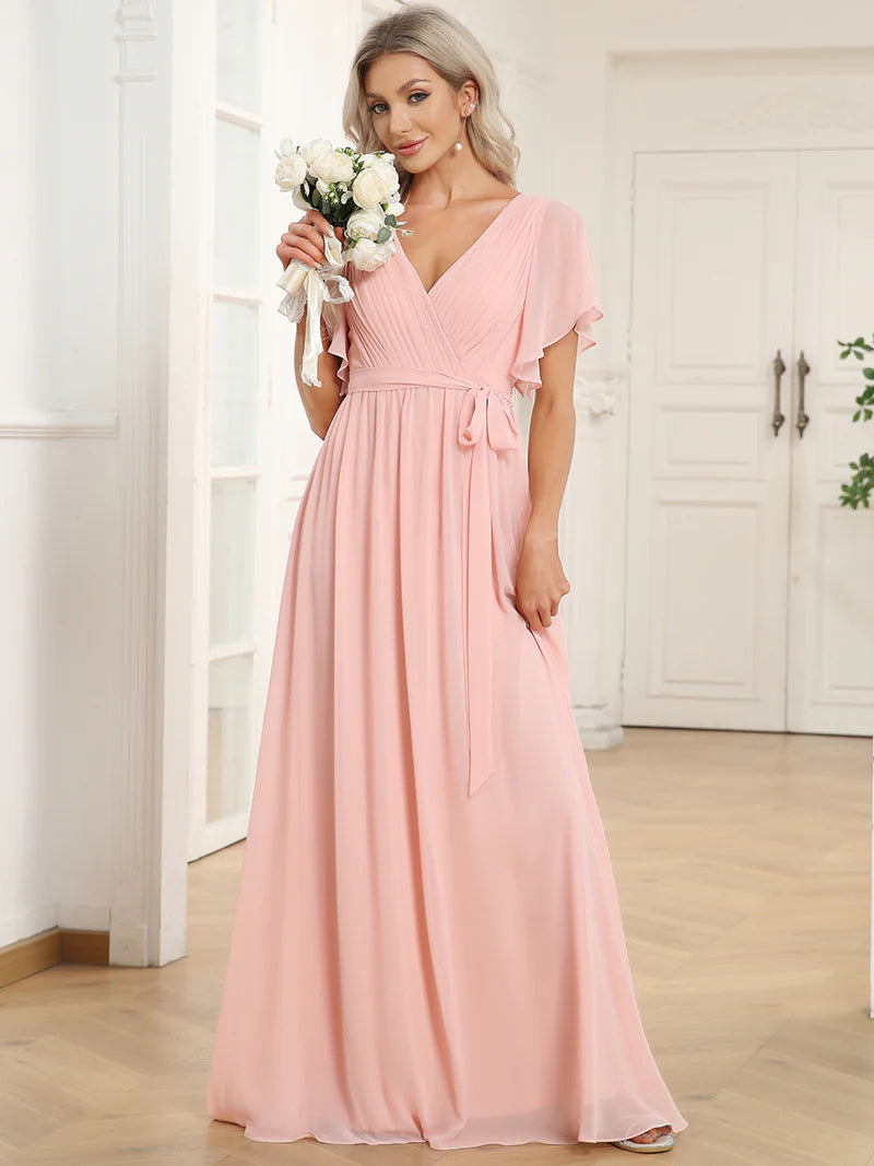 Elegant A-line bridesmaid pink dress with deep V-neckline and fluttery ruffle sleeves
