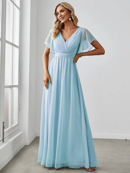 Elegant A-line bridesmaid sky blue  dress with deep V-neckline and fluttery ruffle sleeves