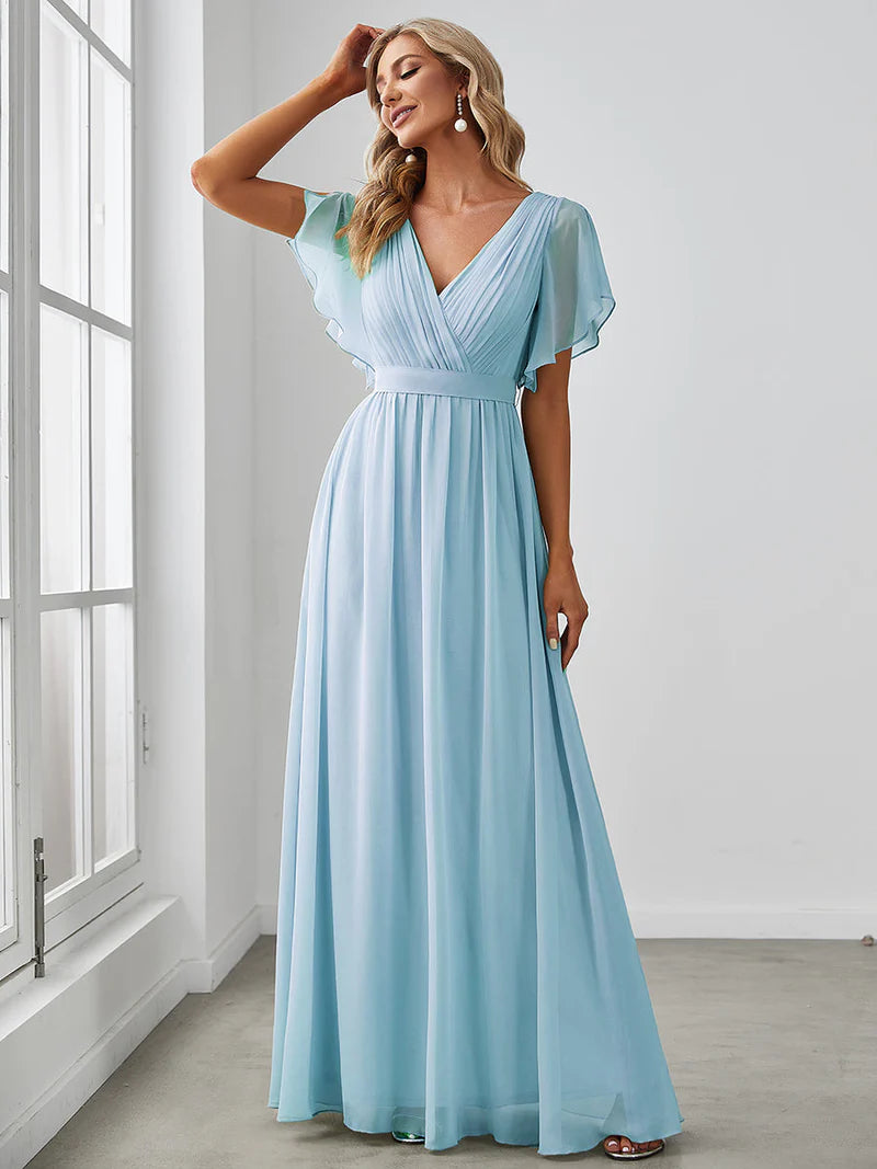 Elegant A-line bridesmaid sky blue  dress with deep V-neckline and fluttery ruffle sleeves