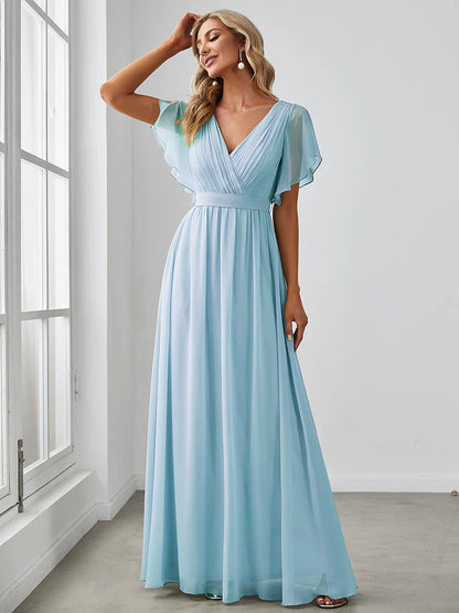 Elegant A-line bridesmaid sky blue  dress with deep V-neckline and fluttery ruffle sleeves
