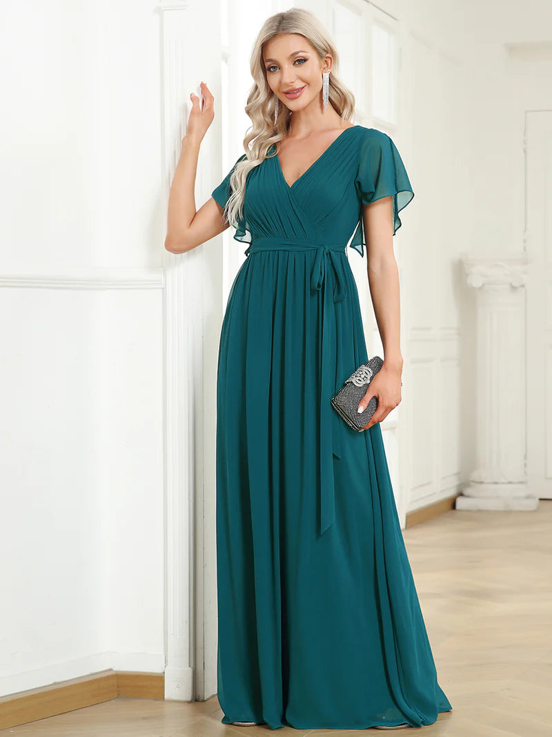 Elegant A-line bridesmaid teal  dress with deep V-neckline and fluttery ruffle sleeves