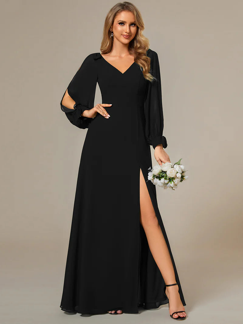 Elegant A-line bridesmaid blak dress with V-neckline and long lantern sleeves