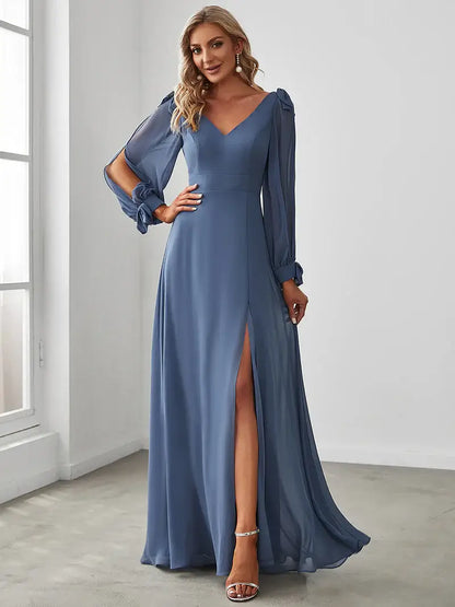 Elegant A-line bridesmaid dusty blue dress with V-neckline and long lantern sleeves