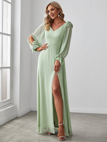 Elegant A-line bridesmaid mint green dress with V-neckline and long lantern sleeves