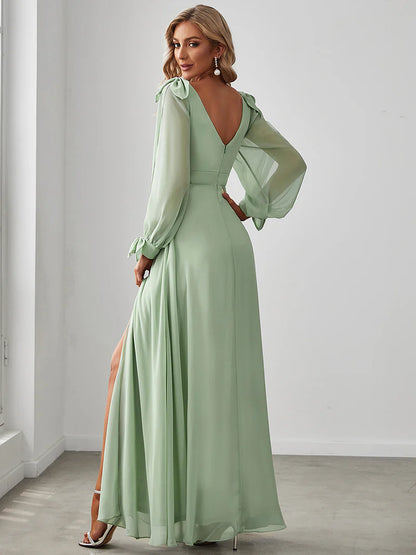 Elegant A-line bridesmaid mint green dress with V-neckline and long lantern sleeves